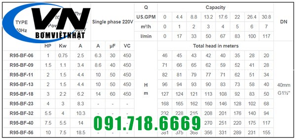 Máy Bơm Hỏa Tiễn 4inch Cánh Nhựa R95-BF-09 1,5HP 4 R95-BF