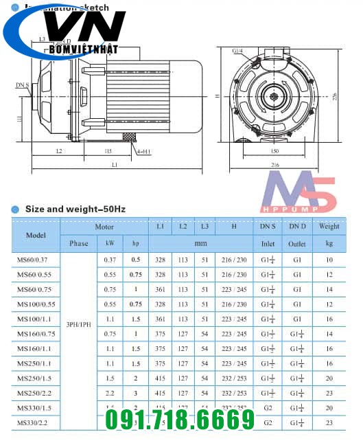 Máy Bơm Ly Tâm Trục Ngang Đầu INOX MS100/1.10 3 CT1 MS