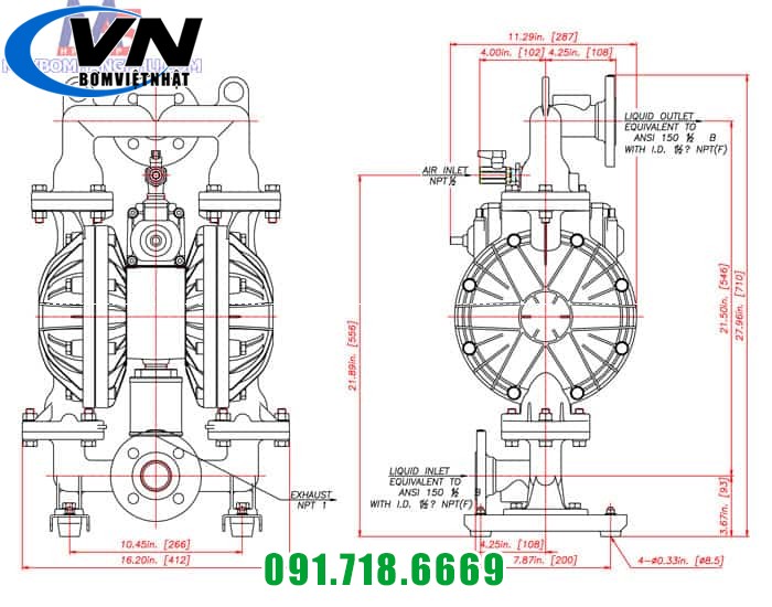 Bơm màng khí nén Yamada NDP-40BAN - Cỡ nòng 1-1/2 3 Bơm màng khí nén Yamada NDP-40BPT - Cỡ nòng 1-1/2